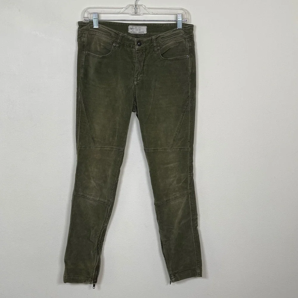 Free People Moto Corduroy Skinny‎ Pants Womens 26 Olive Green Ankle Zip Pocket